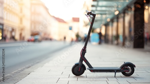 Modern electric scooter parked on city sidewalk, compact and eco-friendly urban transportation for sustainable mobility and green lifestyle concept.
