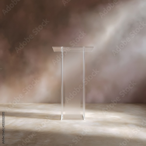 Transparent acrylic podium floating on a misty floor