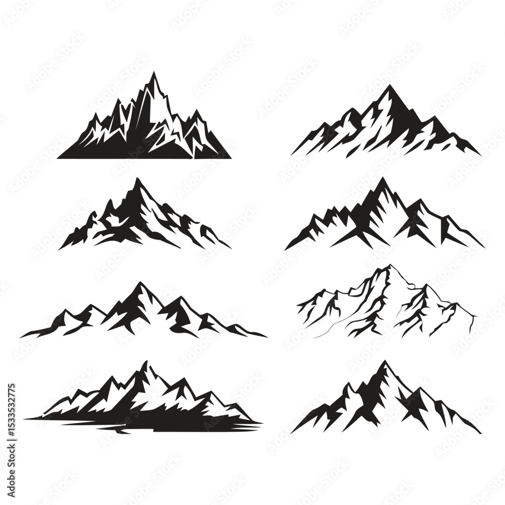 Fototapeta premium Black and white mountain silhouette collection with sharp peaks and snow-covered ranges