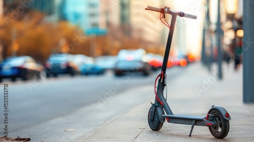 Modern electric scooter parked on city sidewalk, compact and eco-friendly urban transportation for sustainable mobility and green lifestyle concept.
