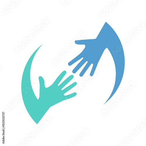 Helping logo hands, "Interlocking Hands Vector for Unity and Collaboration Design, sea green and blue hands reaching, helping hand icon