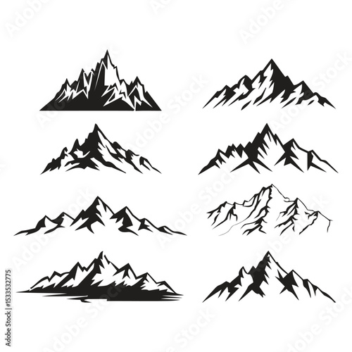 Black and white mountain silhouette collection with sharp peaks and snow-covered ranges