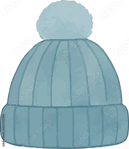 A cozy blue knit hat with a pom-pom, perfect for cold winter days, adding a playful touch to holiday outfits