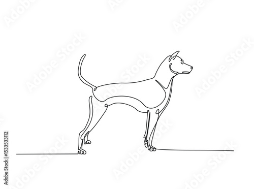 Dog sitting in single outline illustration. Continuous line art drawing of woman cute dog. Editable stroke.