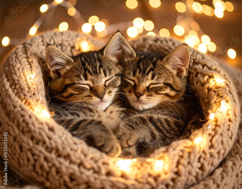 two kittens cuddled together while sleeping