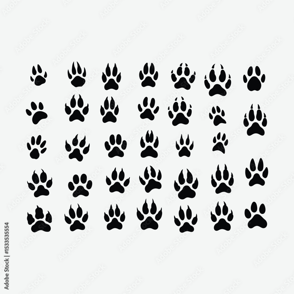 Obraz premium A clean vector collection of black animal paw print silhouettes featuring bears, cats, birds. Ideal for educational, graphic, or design use. Isolated on white background.