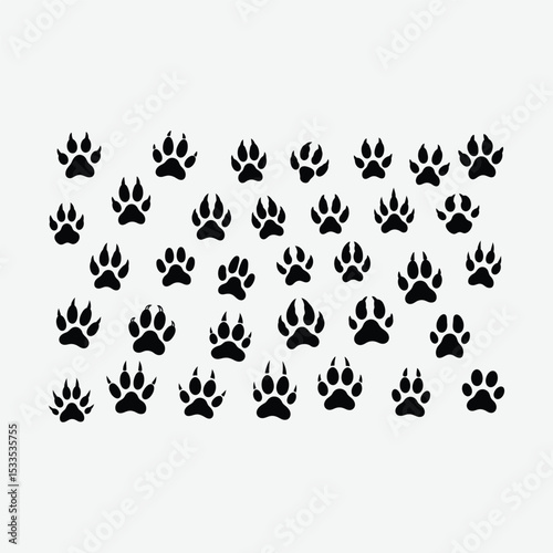 A clean vector collection of black animal paw print silhouettes featuring bears, cats, birds. Ideal for educational, graphic, or design use. Isolated on white background.