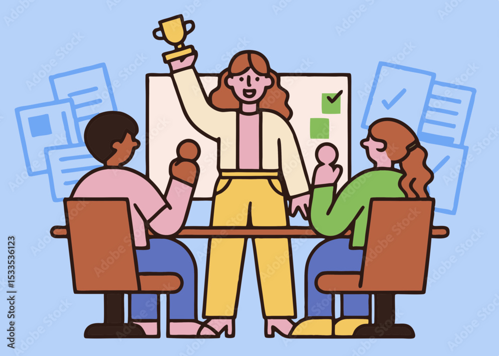 Fototapeta premium Team lead raises the winning cup while team members giving her applauses. Concept of teamwork, accomplishment