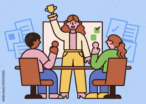 Team lead raises the winning cup while team members giving her applauses. Concept of teamwork, accomplishment 