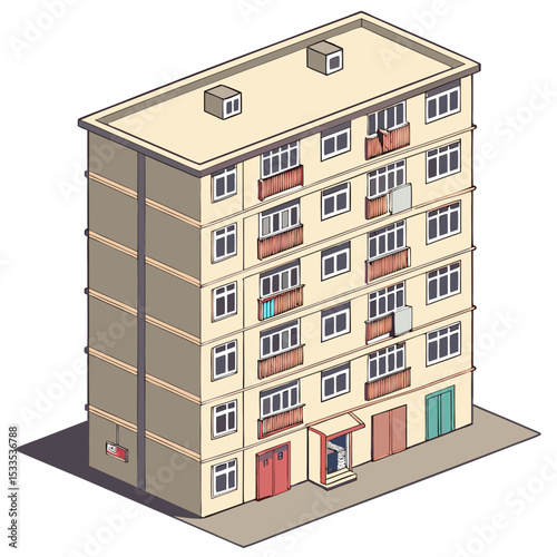 vector of a multi-level apartment block with balconies, laundry hanging, and elevator core, isometric view, white background
