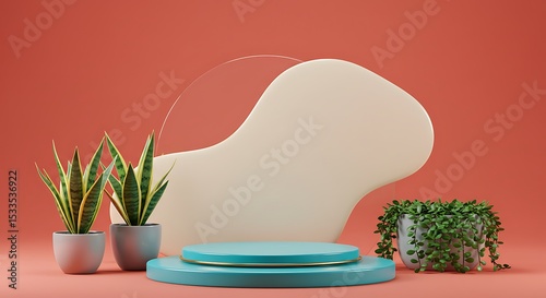 A glossy turquoise podium on a solid coral red background, with a bold cream splash behind it, surrounded by potted snake plants and trailing green vines.
