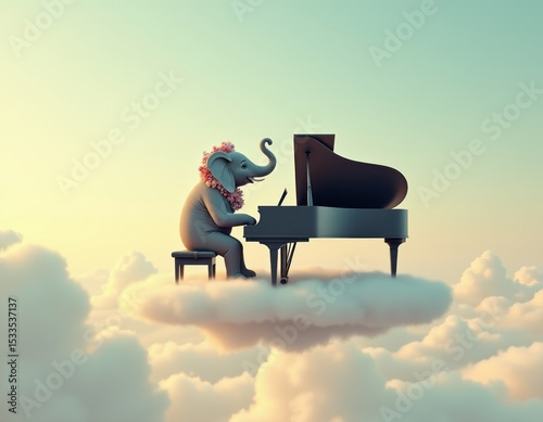 Whimsical Elephant Playing Grand Piano Adorned with Flowers on a Floating Cloud