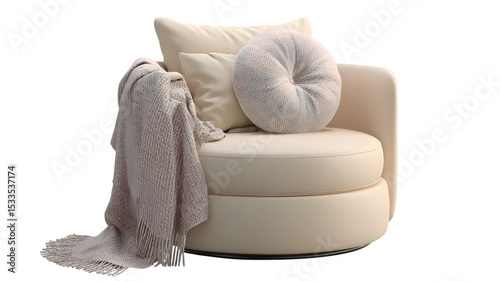 Modern and elegant cream colored swivel chair with pillows and a blanket for relaxation and comfort