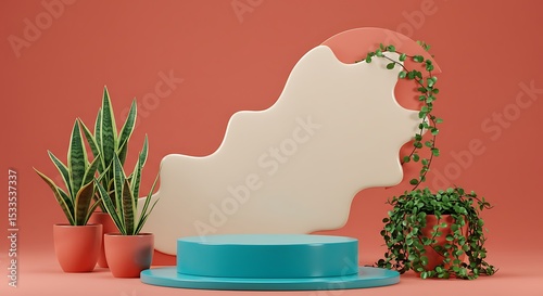 A glossy turquoise podium on a solid coral red background, with a bold cream splash behind it, surrounded by potted snake plants and trailing green vines.