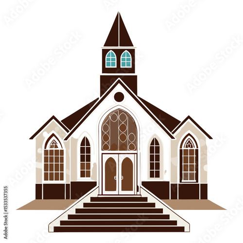 vector of a church with high steeple, stained glass windows, and entrance steps in isometric style, isolated on white
