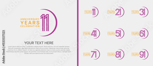 logo anniversary set. orange and purple color with swoosh on white background for special event