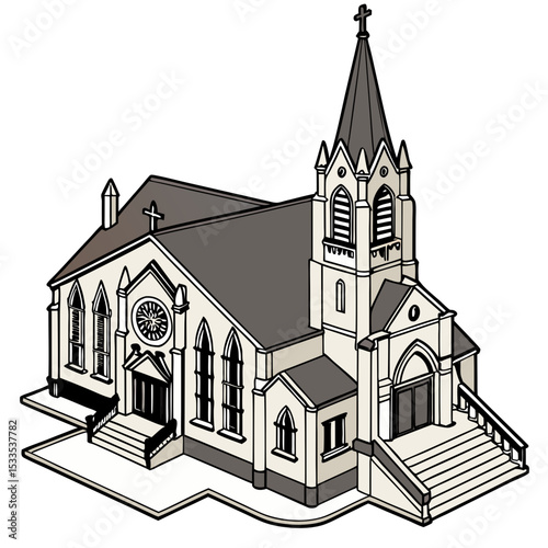 vector of a church with high steeple, stained glass windows, and entrance steps in isometric style, isolated on white
