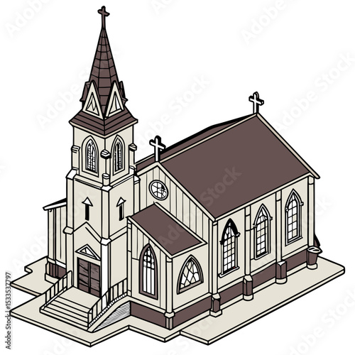 vector of a church with high steeple, stained glass windows, and entrance steps in isometric style, isolated on white
