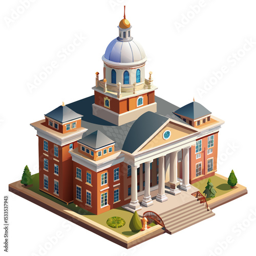 vector of a municipal city hall with dome, steps, and clock tower in isometric structure, isolated on white
