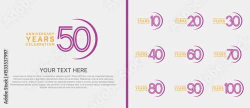 logo anniversary set. orange and purple color with swoosh on white background for special event
