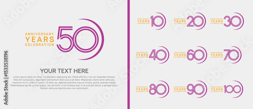 logo anniversary set. orange and purple color with swoosh on white background for special event