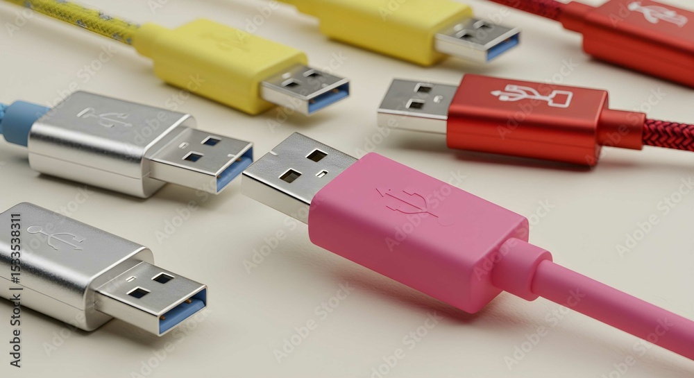 Fototapeta premium Many colorful USB cables. Computer peripheral and data transfer device. Connection technology for various electronic equipment.