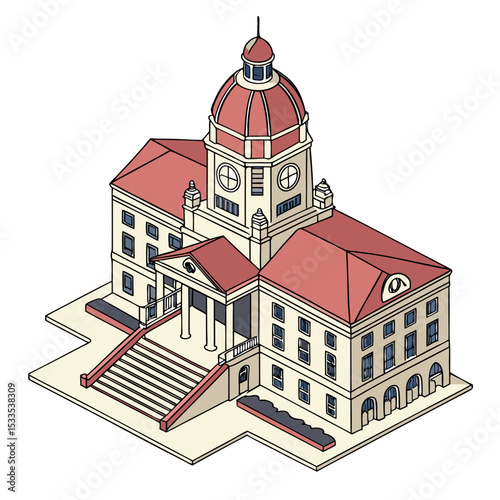 vector of a municipal city hall with dome, steps, and clock tower in isometric structure, isolated on white
