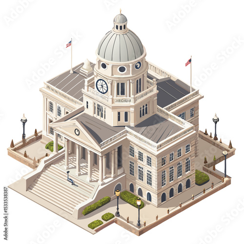 vector of a municipal city hall with dome, steps, and clock tower in isometric structure, isolated on white
