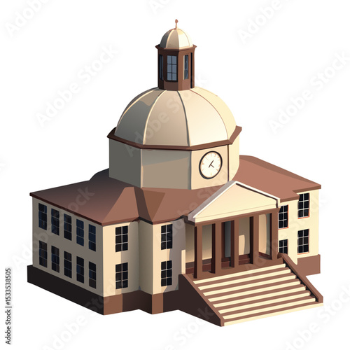 vector of a municipal city hall with dome, steps, and clock tower in isometric structure, isolated on white
