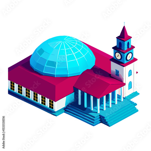 vector of a municipal city hall with dome, steps, and clock tower in isometric structure, isolated on white
