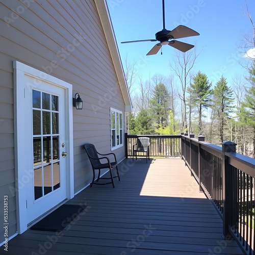 Spacious walkout deck with railings