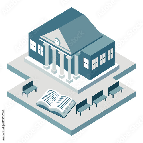 vector of a public library with symmetrical pillars, book sculpture in front, and benches, isometric view, white background
