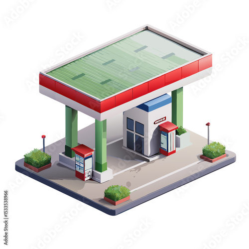 vector of a roadside gas station with fuel pumps, convenience store, and canopy, isometric angle, isolated on white
