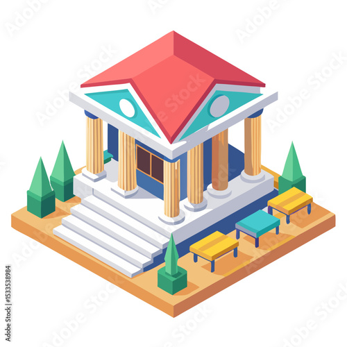 vector of a public library with symmetrical pillars, book sculpture in front, and benches, isometric view, white background
