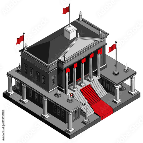 vector of a museum with grand entrance, banner flags, and sculptures in front, clean isometric style, white background
