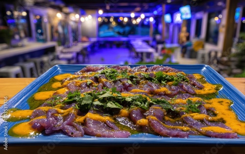 Fresh fish dish on blue plate