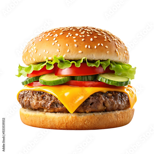 Juicy cheeseburger with sesame bun isolated on transparent background