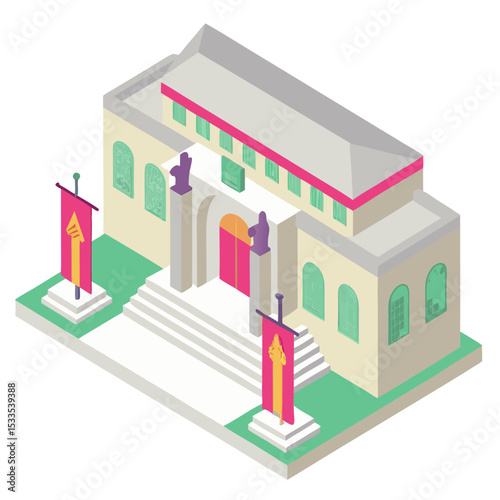 vector of a museum with grand entrance, banner flags, and sculptures in front, clean isometric style, white background

