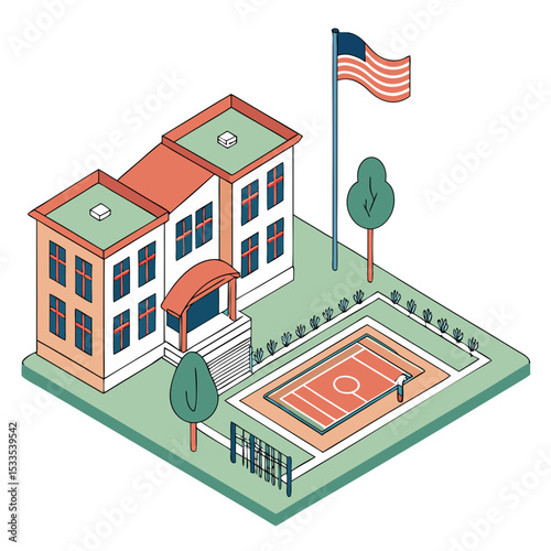 vector of an educational institution with schoolyard, playground, and flagpole in isometric layout, white background
