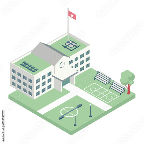 vector of an educational institution with schoolyard, playground, and flagpole in isometric layout, white background
