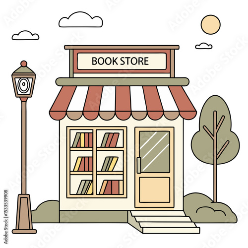 vector of a quaint isometric bookstore with open sign, shelves visible through windows, white background
