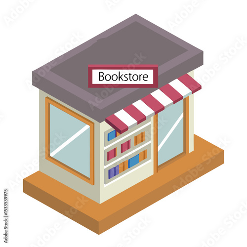 vector of a quaint isometric bookstore with open sign, shelves visible through windows, white background
