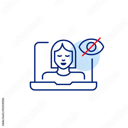 Vector icon of woman on laptop screen with crossed-out eye, symbolizing hidden video call, private meeting, or invisible online presence. Ideal for remote work apps, communication tools, and privacy