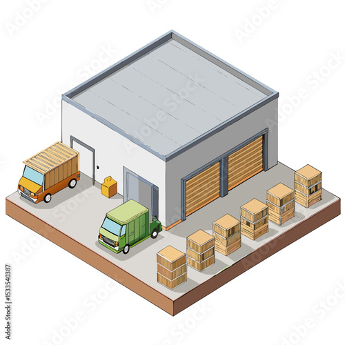 vector of an industrial warehouse with shutter doors, pallets, and trucks, viewed in isometric layout, isolated on white
