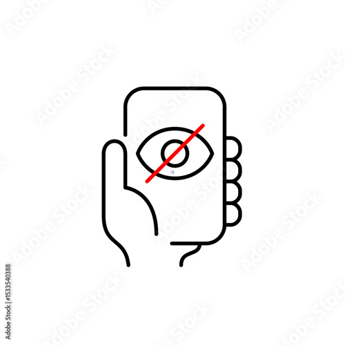 Vector icon of phone in hand with crossed-out eye, symbolizing private calls, hidden communication, or restricted phone access. Ideal for messaging apps, privacy settings, security tools