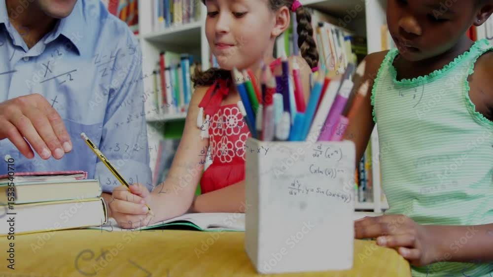 Teacher tapping pencil eraser triggers guiding student writing math equations in education class