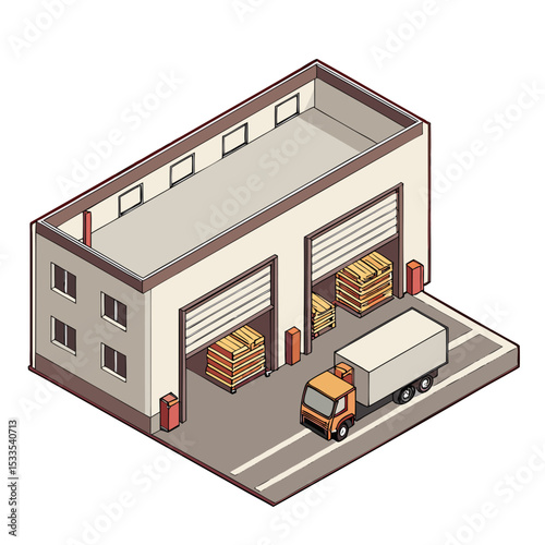 vector of an industrial warehouse with shutter doors, pallets, and trucks, viewed in isometric layout, isolated on white
