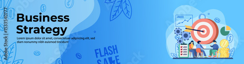 Business strategy Web Banner Design. A man and woman brainstorming to realize business target. E-Commerce, Online Shopping header or footer banner.