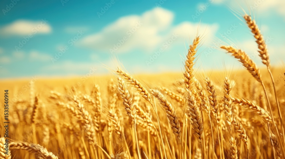 Fototapeta premium Empty wheat field with golden crops ready for harvest, swaying gently under a soft blue sky, calm rural mood.
