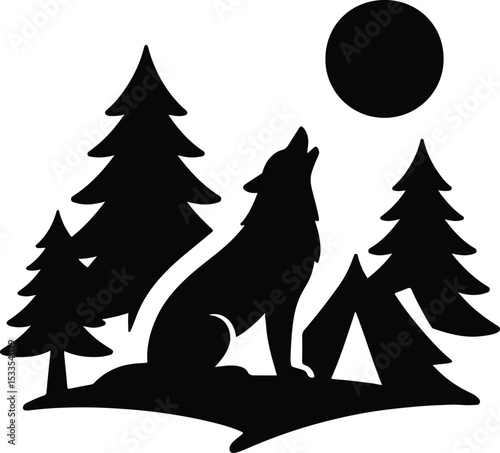 Silhouette wolf howling at moon in forest vector illustration